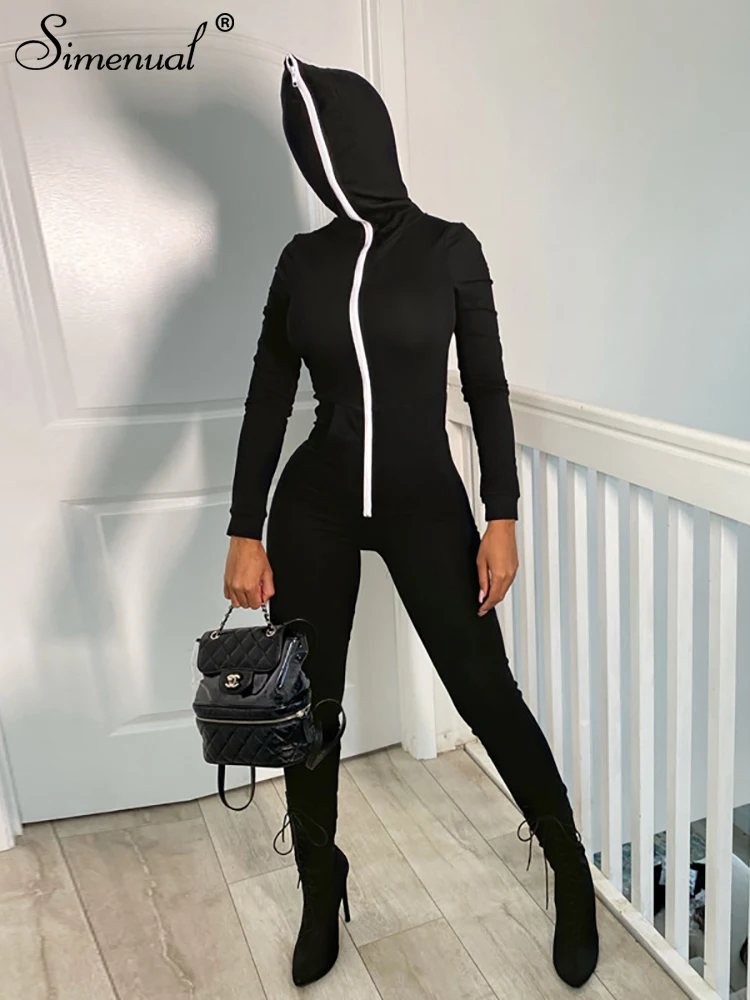 

Simenual Solid Hooded Zipper Jumpsuits Women Concise Simple Long Sleeve Pocket Bodycon Overalls Casual Fitness Gym Fall Outfits