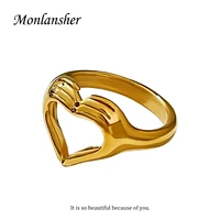 monlansher creative hollow heart hand rings minimalist 18 k pvd plated gesture ring women love promised anniversary jewelry