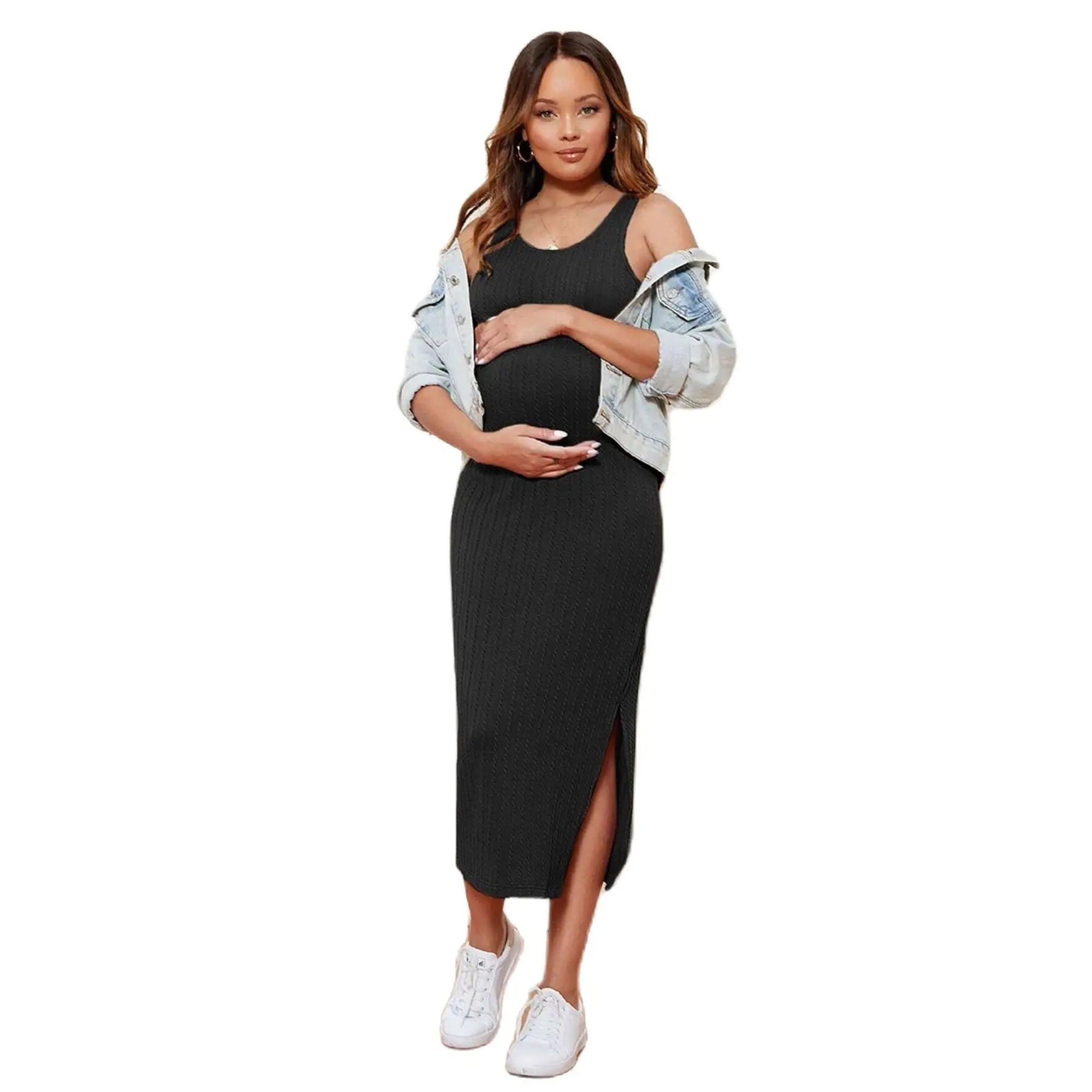 New 2023 Sexy Premama Knitted Tank Dress Maternity Women Solid Sleeveless Dress Summer Long Dresses Pregnant Slim Bodycorn Dress