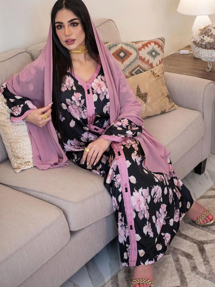 Арабское платье с цветочным принтом Jalabiya для женщин, Дубайский Саудовский халат, арабское вечернее платье для вечеринки, мусульманский исл...