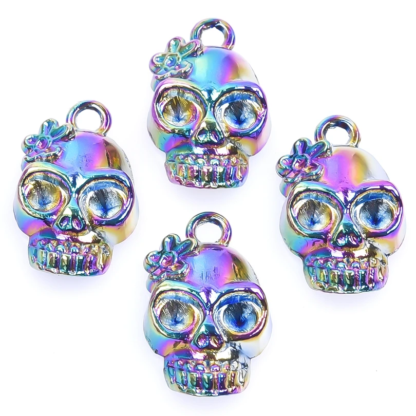 3pcs/Lot Plum Peach Flower Skeleton Skull Bones Cranium Scull Pendant Alloy Halloween Charms For DIY Designer Jewelry Parts