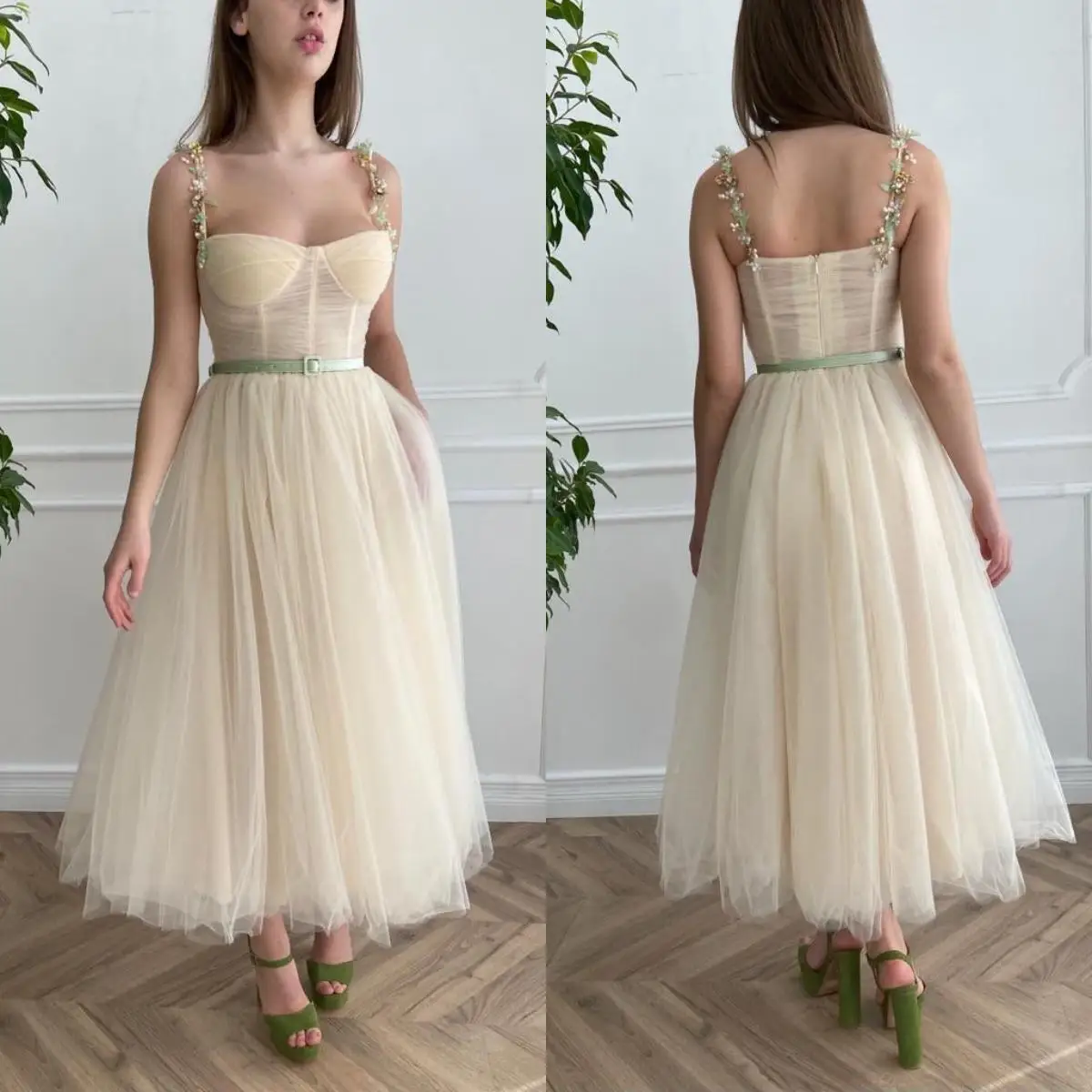 

14869#Champagne Bridesmaid Dresses A Line Spaghetti Straps Ankle Length 2023 Boho Short Prom Gowns Formal Wedding Guest Dress
