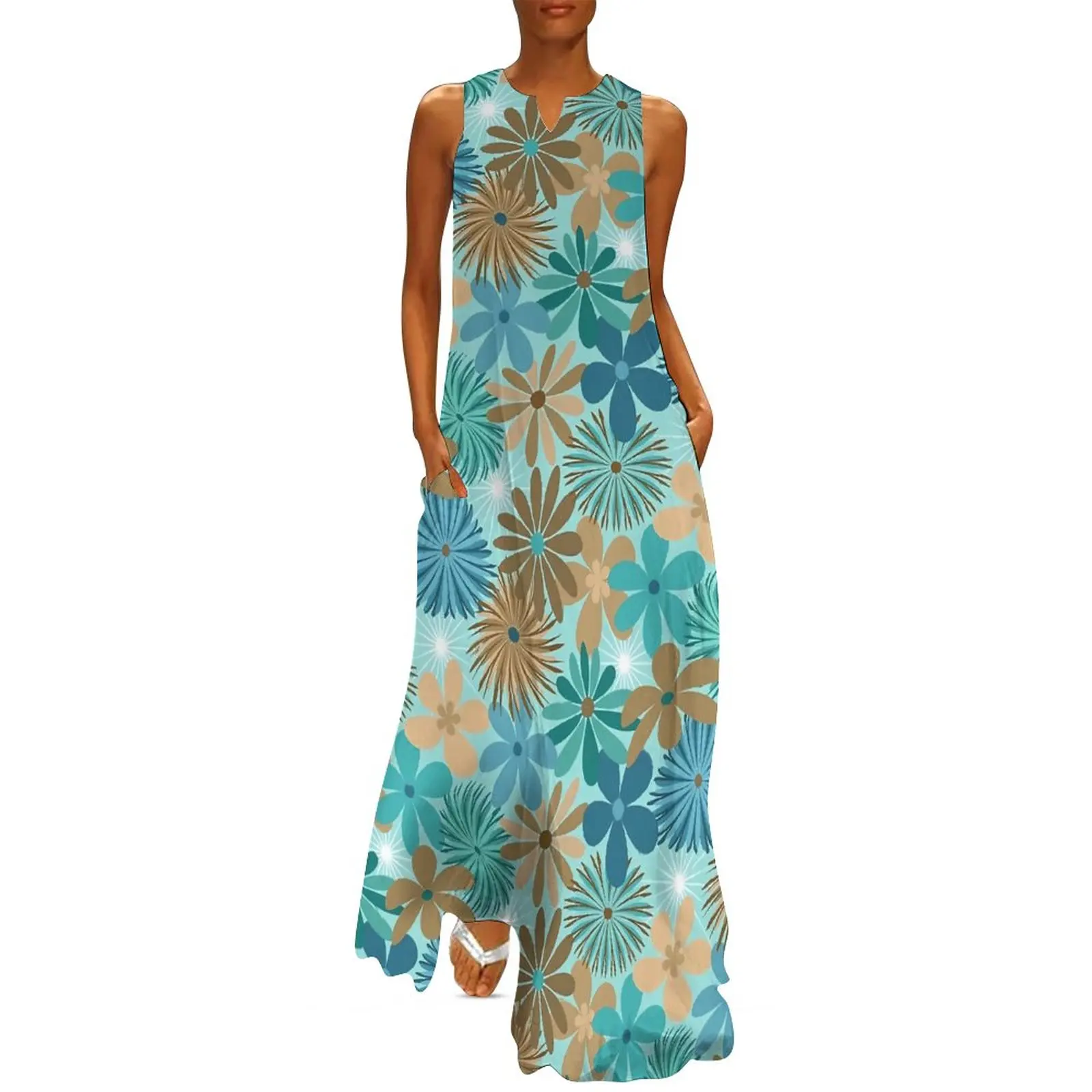 

Ditsy Floral Dress Blue and Brown Beach Maxi Dress V Neck Graphic Boho Beach Long Dresses Korean Fashion Oversize Vestidos