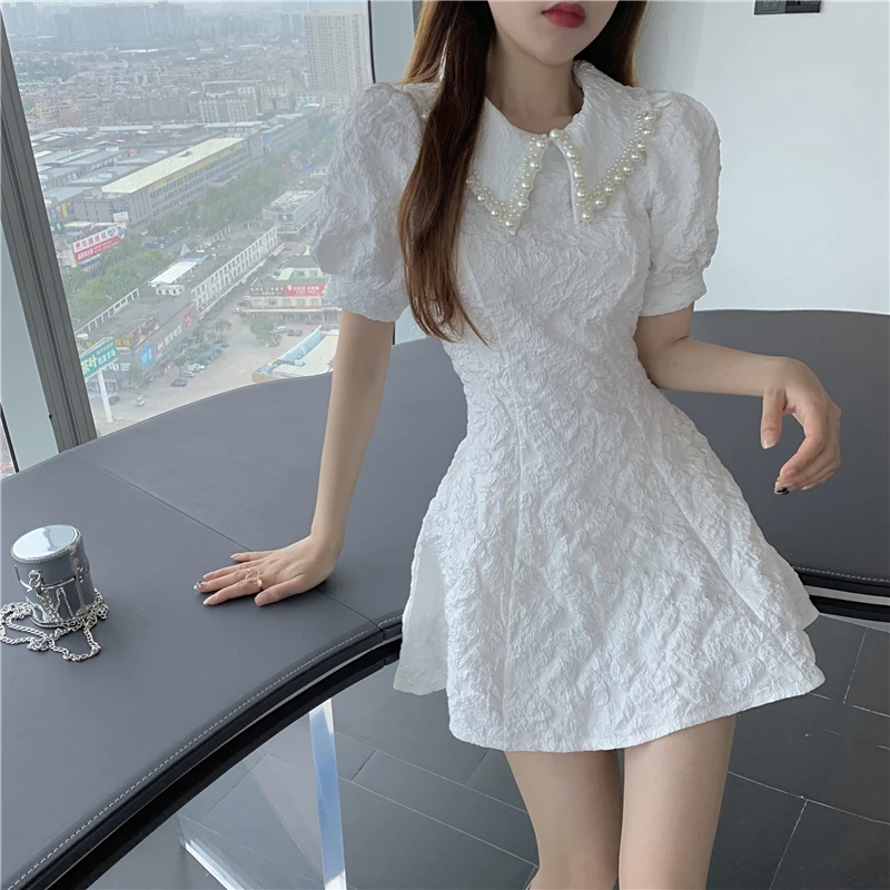 

Runway Korean Summer Vintage Elegant Slim White Black Pearl Lapel Puff Sleeve Dress Women Short Jacquard Sexy Vestido