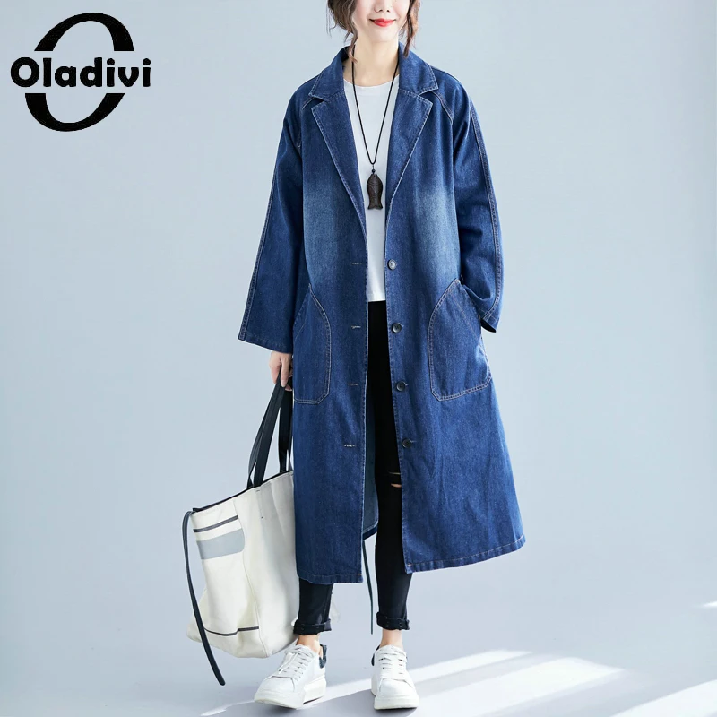 

Oladivi Long Denim Coat Women 30 40 50 60 Years Old Ladies Casual Jeans Trench Coat Large Size Overcoat Oversized Outerwear 9251