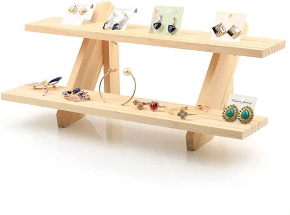 2-Tier Retail Display Rack, Wooden Earring and Ring Display Rack, Storage Rack,Jewelry or Coins（15.6x6.7x3.15 Inch）
