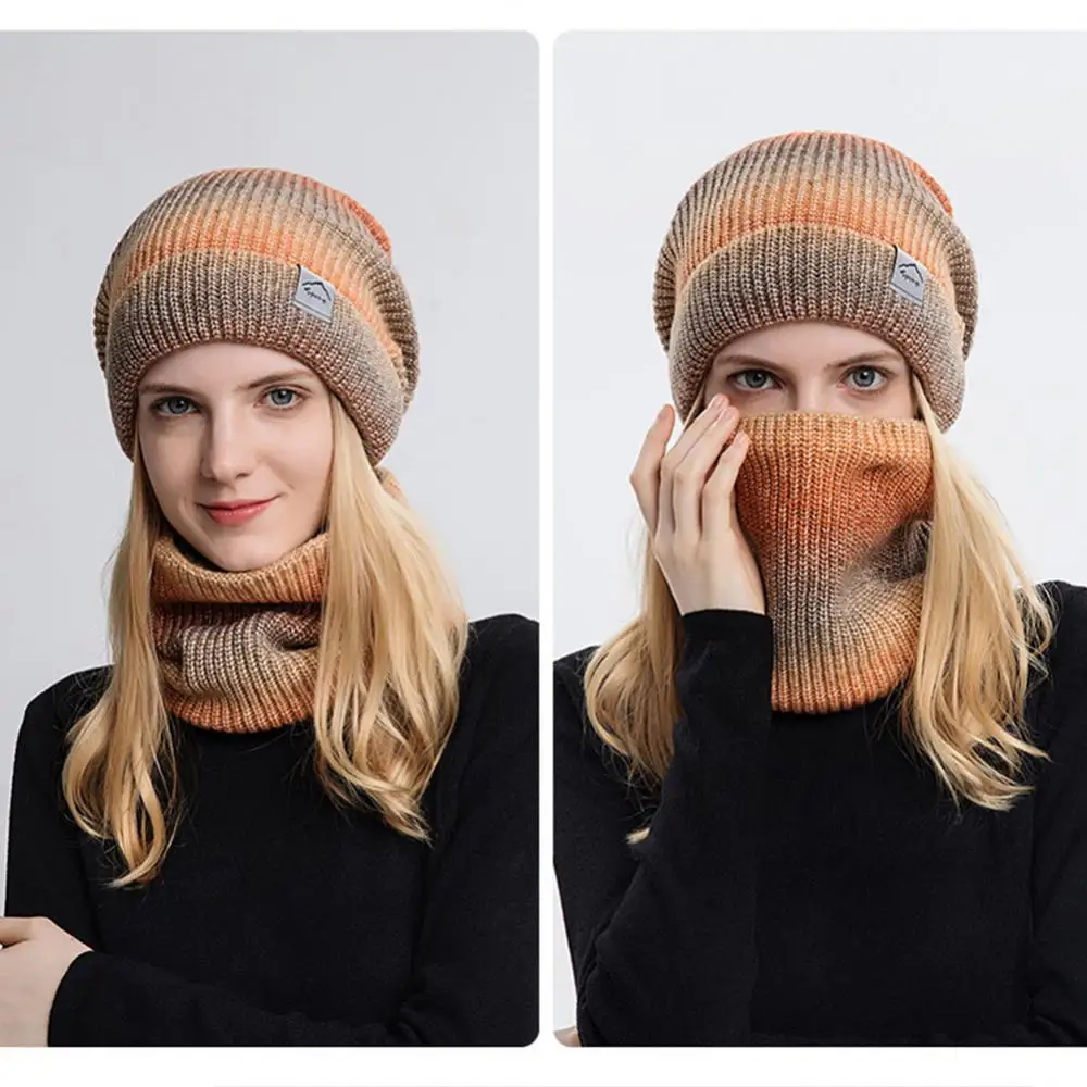 Winter Hat Women Warm Fleece Gradient Wool Hat Thickened Outdoor Ear Protection Knitted Cap Scarf Two-piece Set  Beanies Caps