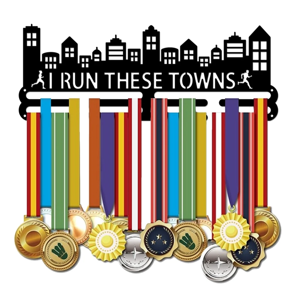 

Medal Holder Running Marathon Medals Display Motivating Word I RUN THESE TOWNS Black Iron Wall Mounted Hooks for Competition