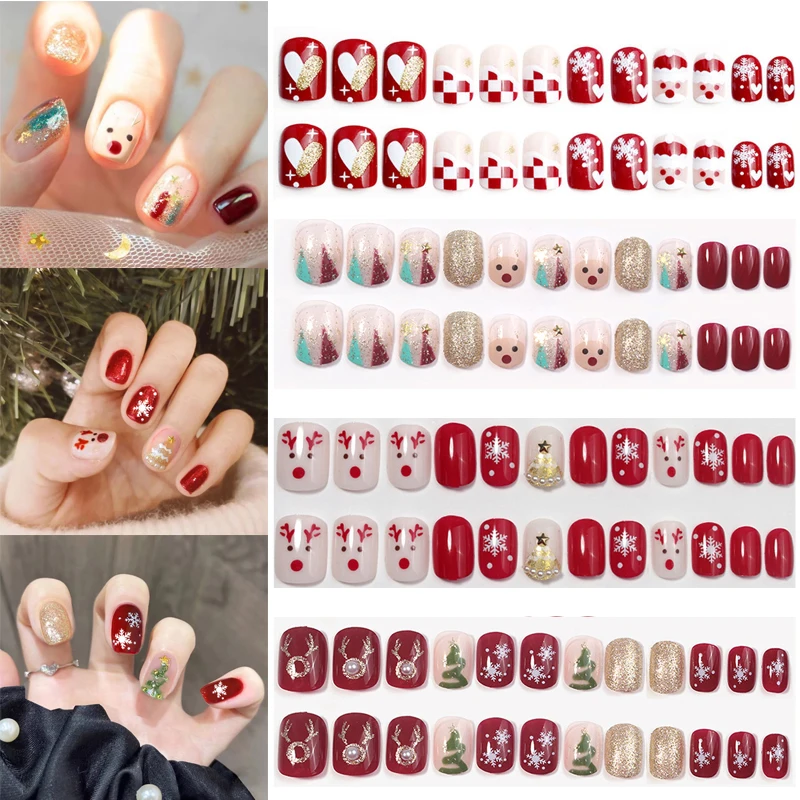 

24PCS Christmas Artificial Nail Decor Press On Nails Christmas False Nail Manicure Short Square Full Cover Nails Art Tools