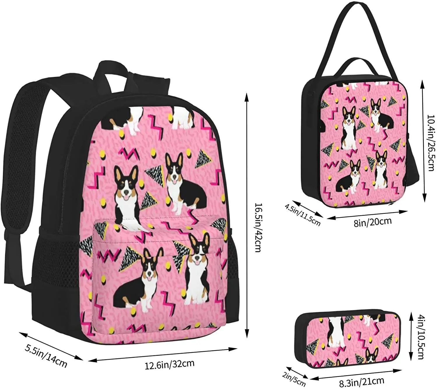 Kids School Backpack Welsh Corgi Schoolbag Travel Bag Casual Daypack Lunch Bag Pencil Case for Boys Teens Girls 3pcs Sets