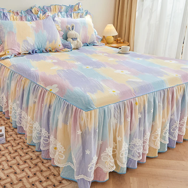 Korean sle Lace Cotton L Bed Skirt One-Piece Summer Sheet Bedspread Princess Sle Pillowcase Three piece