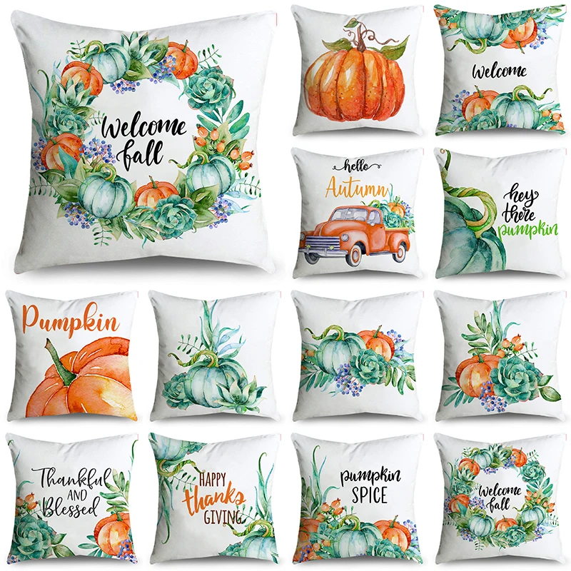 

Welcome Thanksgiving Fall Big Green Orange Pumpkins Throw Pillowcase Cushion Covers For Sofa Office Bedroom Decor Multiple Size