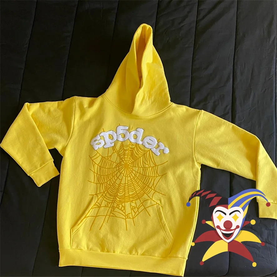 

Yellow Sp5der 555555 Hooded Men Women White Foam Printing Spider Web Hoodie Young Thug Pullover