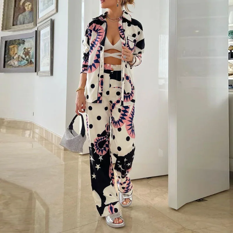 

2023 Women Fashion Digital Print Clothes Sets Long Sleeve Button Shirt High Waist Wide Leg Trouser Suit Lady Outfits