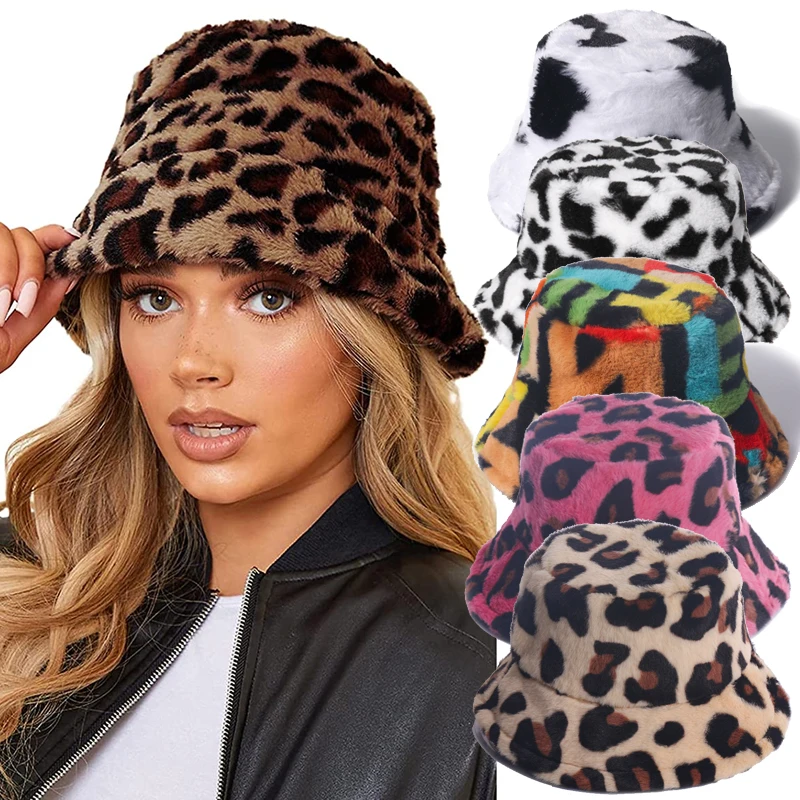 

Fashion Winter Cow Print Plush Bucket Hats for Women Tourism Outdoor Warm Hat Soft Velvet Fisherman Cap Lady Fashion Panama