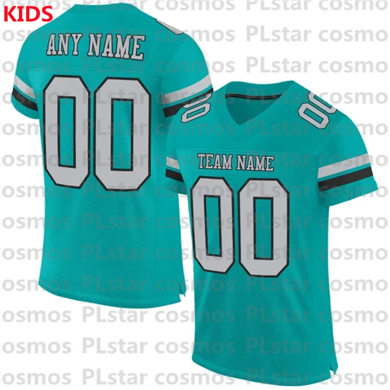 

Custom Aqua Gray-Black Mesh Authentic Football Jersey 3D Printed Kids Football Jersey Boys Tops Girl Tees