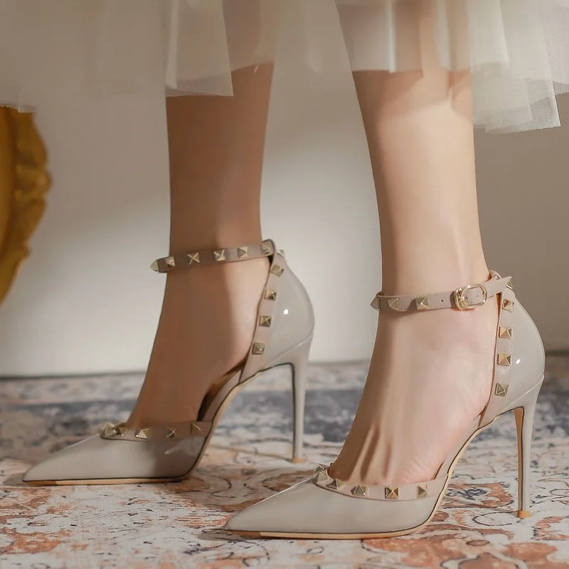 

Women's Shoes Rivets Female Summer 9CM High-heeled Shoes PU Leather Ankle Strap Pointed Stiletto Sexy Party Office Shoes E18