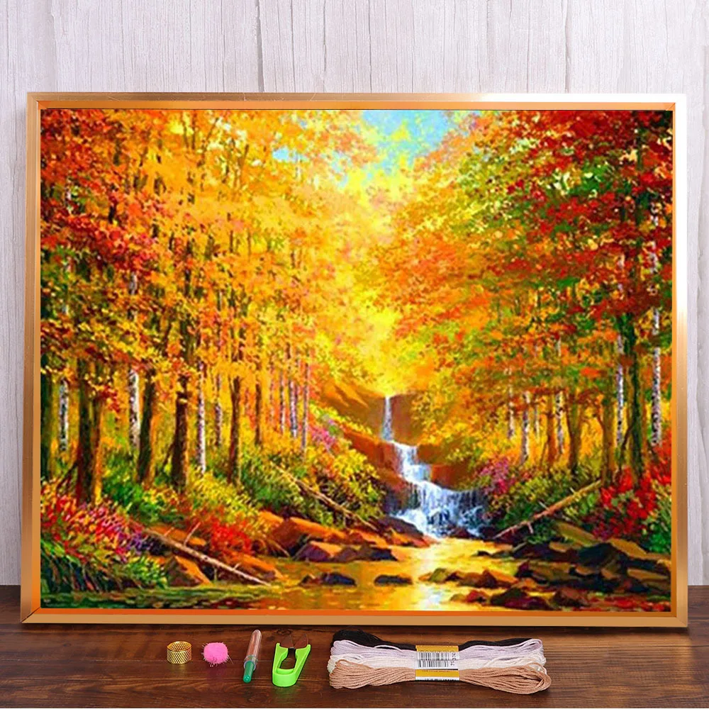 Пейзаж Осеннее дерево Печатный водорастворимый холст 11CT Набор для вышивки