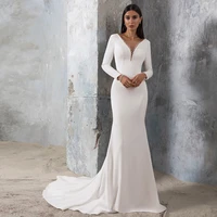 white civil mermaid wedding dress with beading v neck regular full long sleeves floor length bridal gown backless 2022 mariage