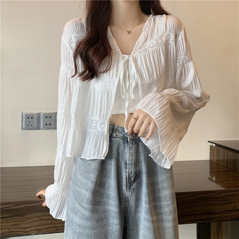 Женская кружевная накидка-болеро с длинным рукавом элегантный шифоновый