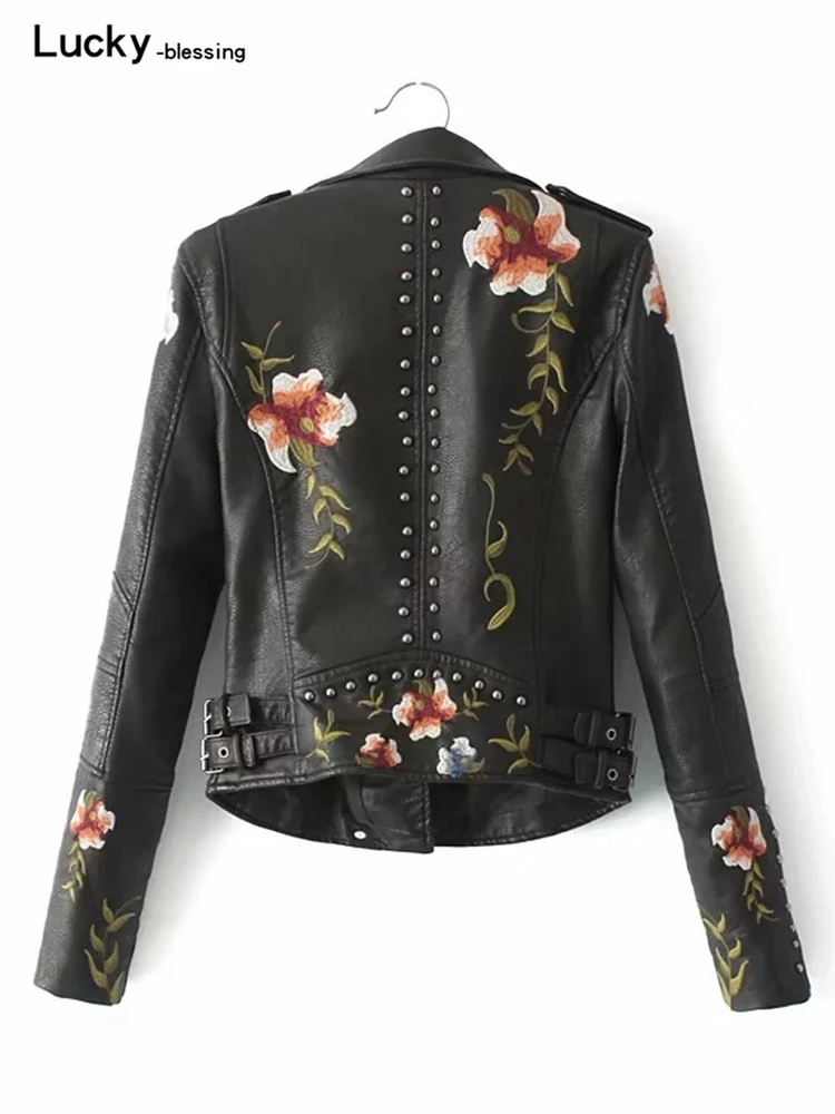 2022 New Spring Retro Floral Embroidery Faux Pu Leather Jacket Women Turndown Collar Moto Biker Coat Black Soft Punk Outerwear