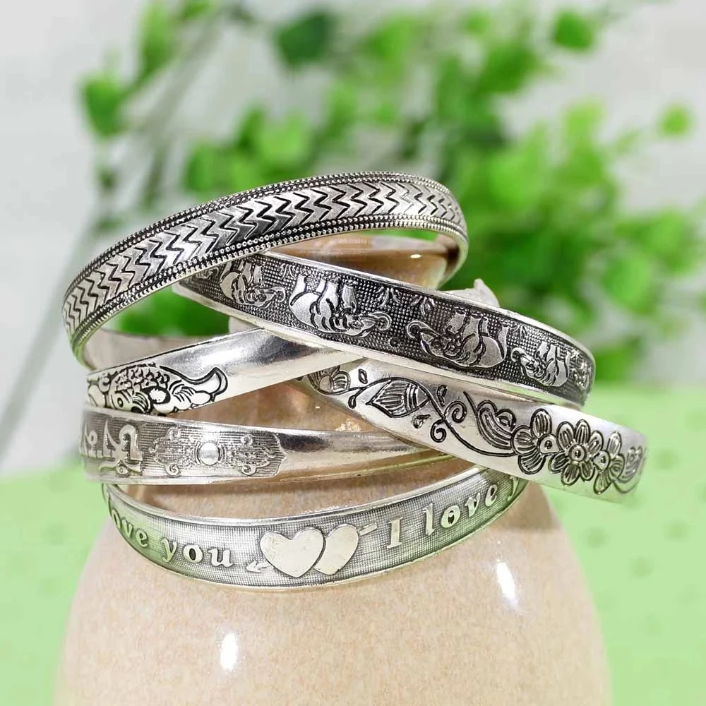

New 6 Pcs/Set Bohemia Tibetan Silver Bangle Carved Floral Animal Open Bracelet Festive Party Jewelry Gift Wholesale
