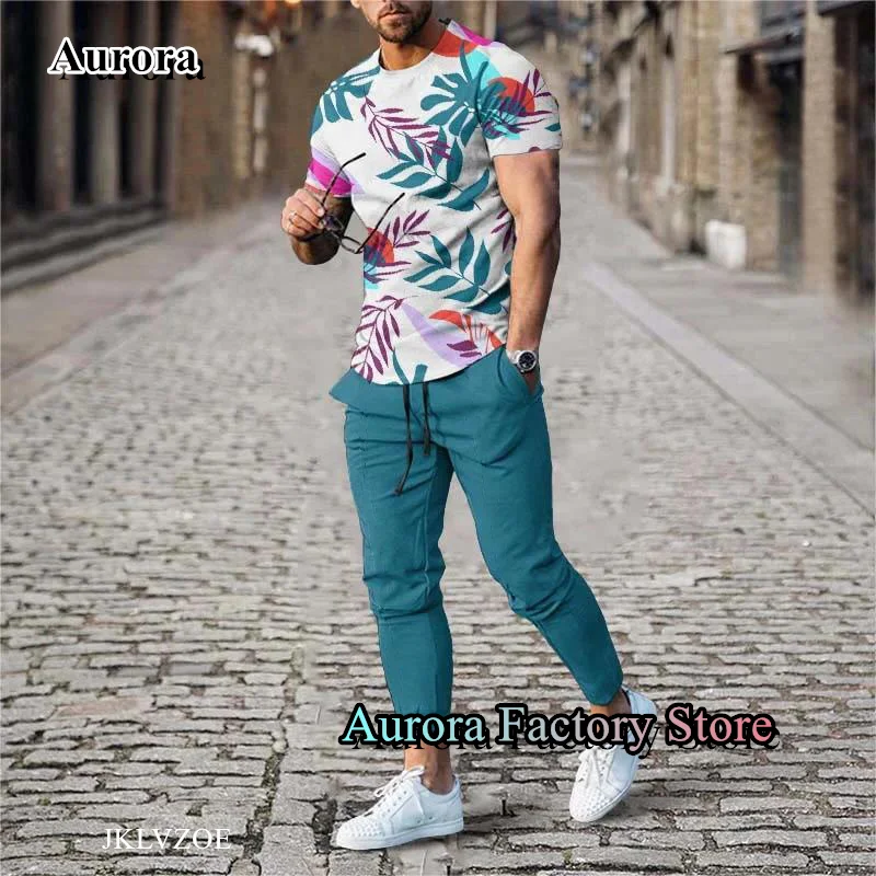 Summer Men's Casual Tracksuit 2 Pieces Palm Trees T-Shirt Trousers Set Jogging Suit Fashion Outfit Male Beach Style Streetwear