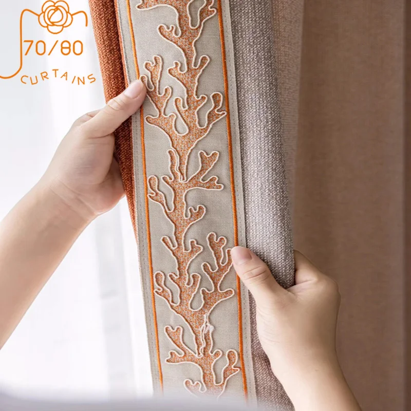 

Japanese Pink Orange Chenille Jacquard Patched Curtains for Living Room Bedroom French Window Customized Products