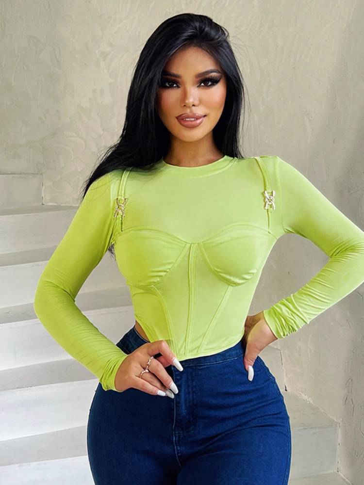 

Bodycon Long Sleeve Solid Color O Neck Short Tee Autumn Elegant Tight Exotic Party Club Luxury Sexy T-shirts Women Clothe 2022