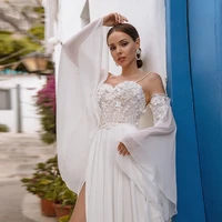 2022 bohemian chiffon wedding dress 3d appliques lace flare sleeve summer beach romantic bridal gowns slit floor length bride
