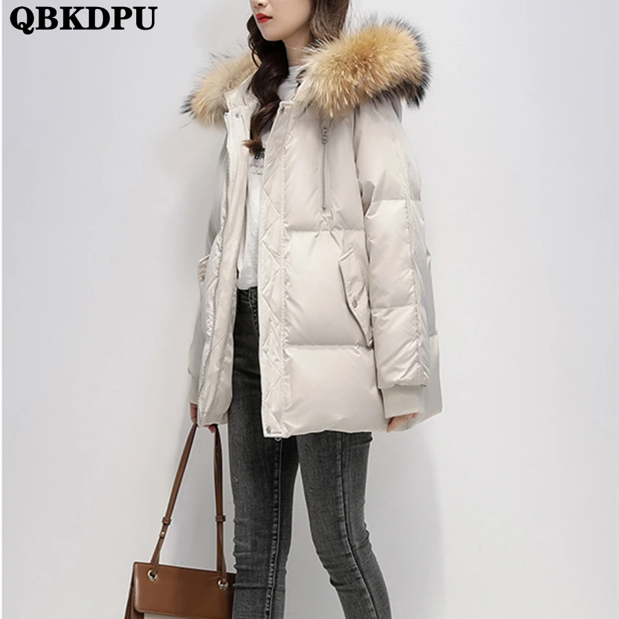 Winter Faux Fur Collar Hooded Mid-length Parkas Women Thick Down Cotton Overcoat Warm Outwear Korean Snow Coats Loose Jackets