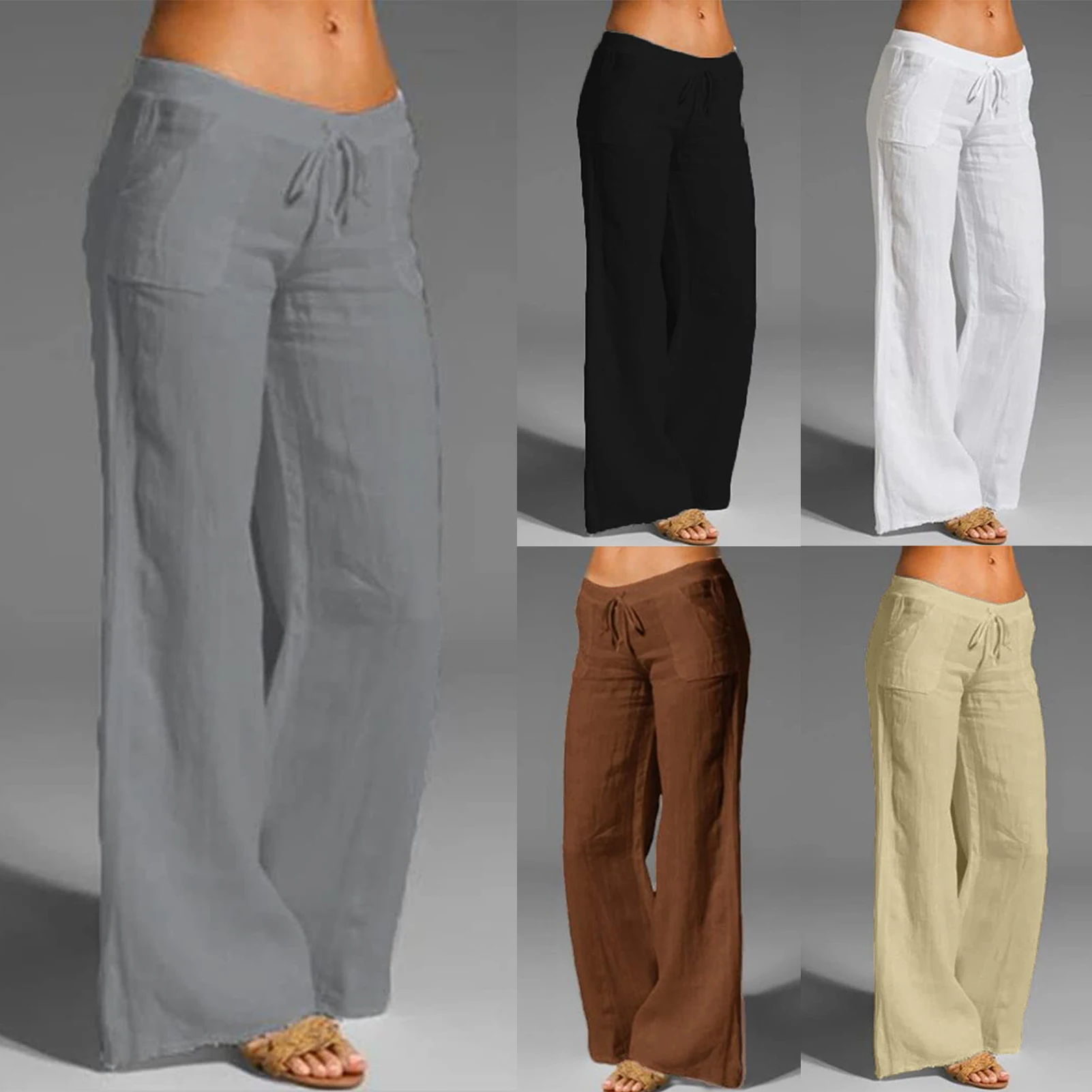 Cotton Linen Wide Leg Pants Solid Pockets Women Straight Trousers Drawstring Long Trousers Summer Simple Vintage Streetwear 2023