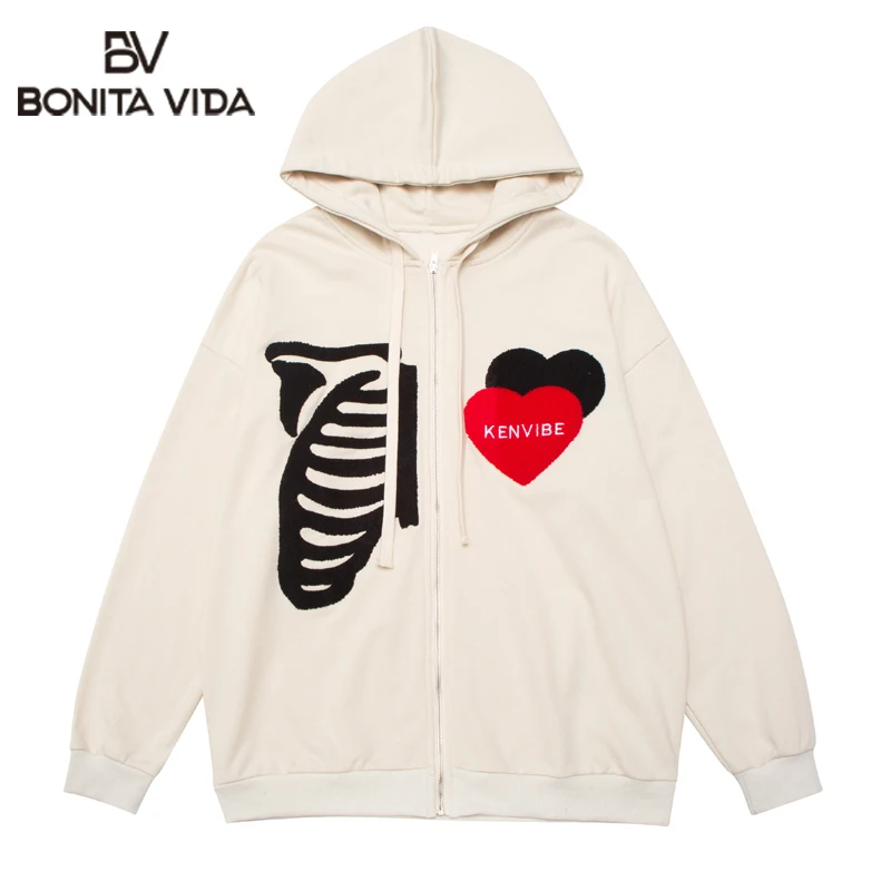 

Loose Zip Sweatshirt Men's Embroidered Skeleton Heart Hoodie 2022 Autumn Hip Hop Streetwear Cotton Oversized Male Hoodie Clothes