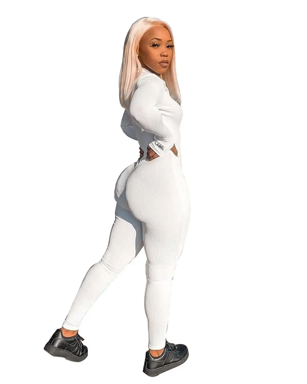 JRRY Casual Women Ribbed Jumpsuits Letters Sleeves Turtleneck Zippers Rib Bodysuit Skinny Raised Lines Pattern Outdoor Wear