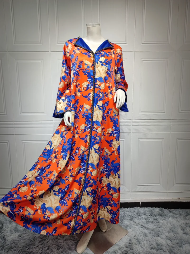 Dubai Abaya Luxury For Muslim Women Diamonds V-Neck Long Dresses Elegant Casual Floral Print 2023 Spring Maxi Dress Wear Ramadan