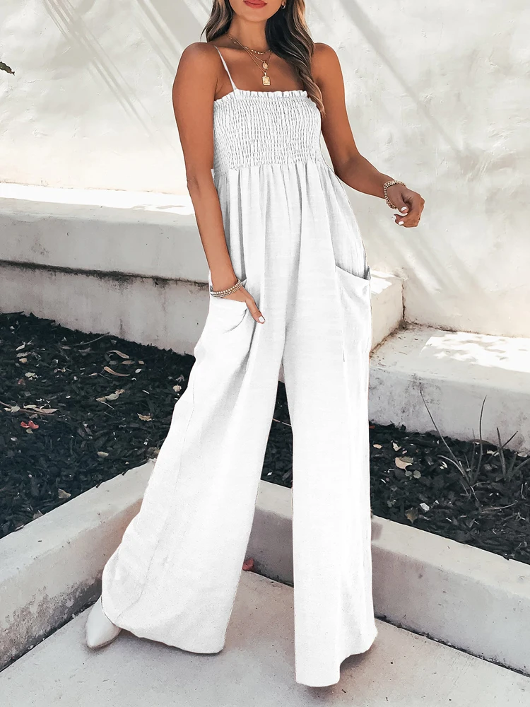 Summer Casual Wide Leg Pants Solid Dungaree Overalls Sleeveless Pocket Jumpsuits Women Strap Loose Jumpsuit Women Streetwear