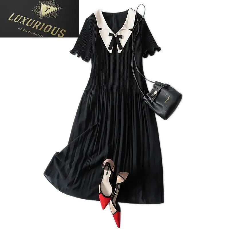 

Summer Women Clothing 2024 New Fashion Pleated V-neck Ruffled Over-the-knee Short Sleeve Korean Style Chiffon Dresses Woman 4XL