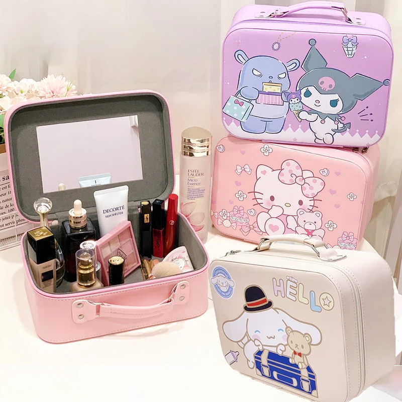 

Kawaii Sanrios Cinnamonroll Kuromi My Melody Cartoon Cosmetic Case with Mirror Anime Travel Storage Bag MakeUp Case Girls Gift