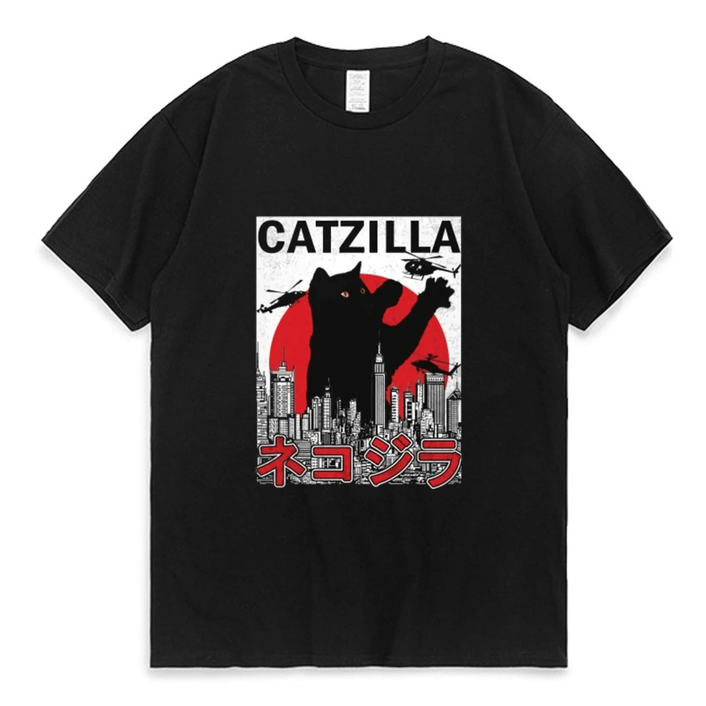 

Футболка Catzilla с японским котенком для влюбленных мужчин и женщин, летняя повседневная футболка с круглым вырезом, уличная одежда, Забавные ...