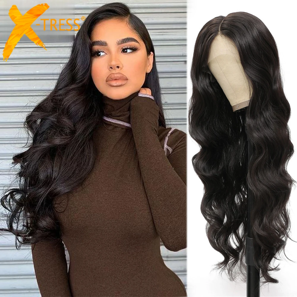 

30" Long Body Wave Synthetic Lace Front Wigs For Women L Part Darker Brown Color Natural Looking Hair Wig With Baby Hair X-TRESS