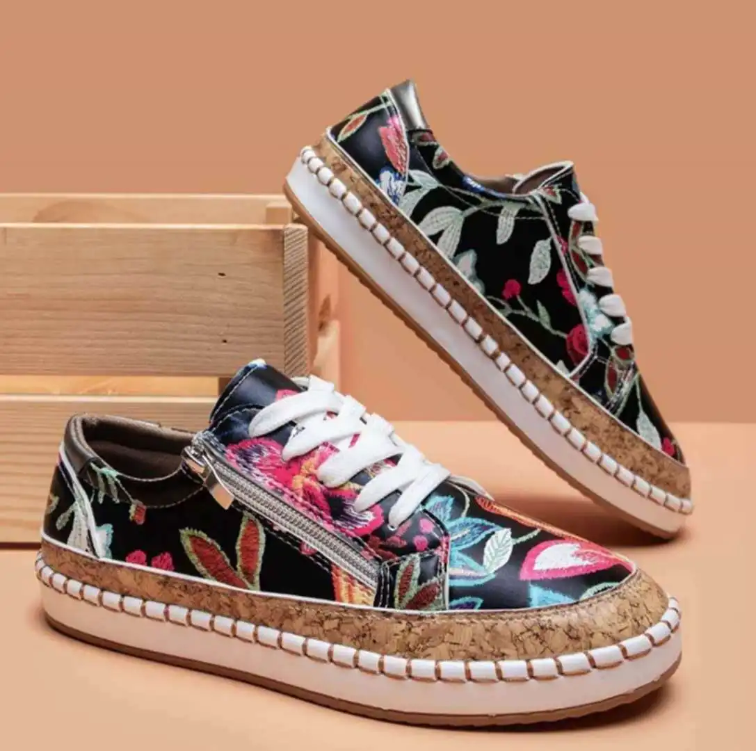 

2022 Women Sneakers Elegant Floral Printed Lace Up Female Flat Shoes Fashion Round Toe Lady Vulcanized Shoes Women Casual Shoes