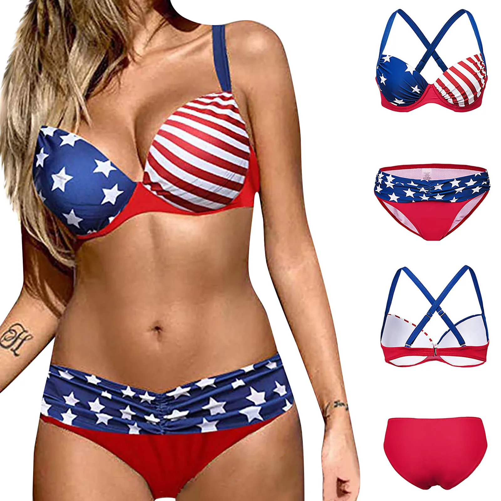 

Women's Summer Swimwear Split Striped Sexy Bikini Stars Stripes Print Push Up Swim Suit Female Bathing Suit Купальник Женский