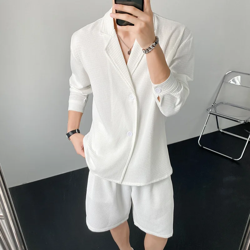 Shorts suit men's suit collar shirt summer thin texture fashion brand ruffian handsome black and white two-piece set
