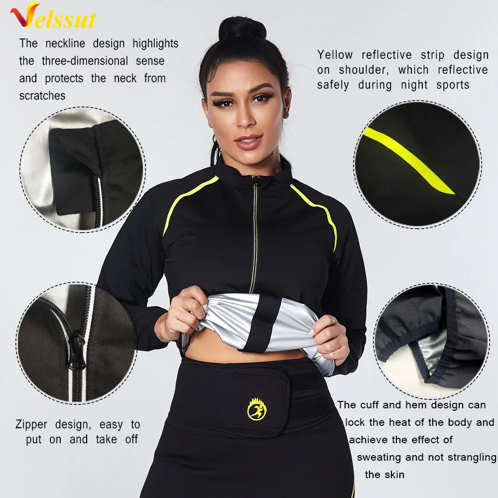Velssut Sauna Jacket for Women Weight Loss Top Hot Sweat Sportwear Slimming Body Shaper Fitness Fat Burner Zipper Workout Gym