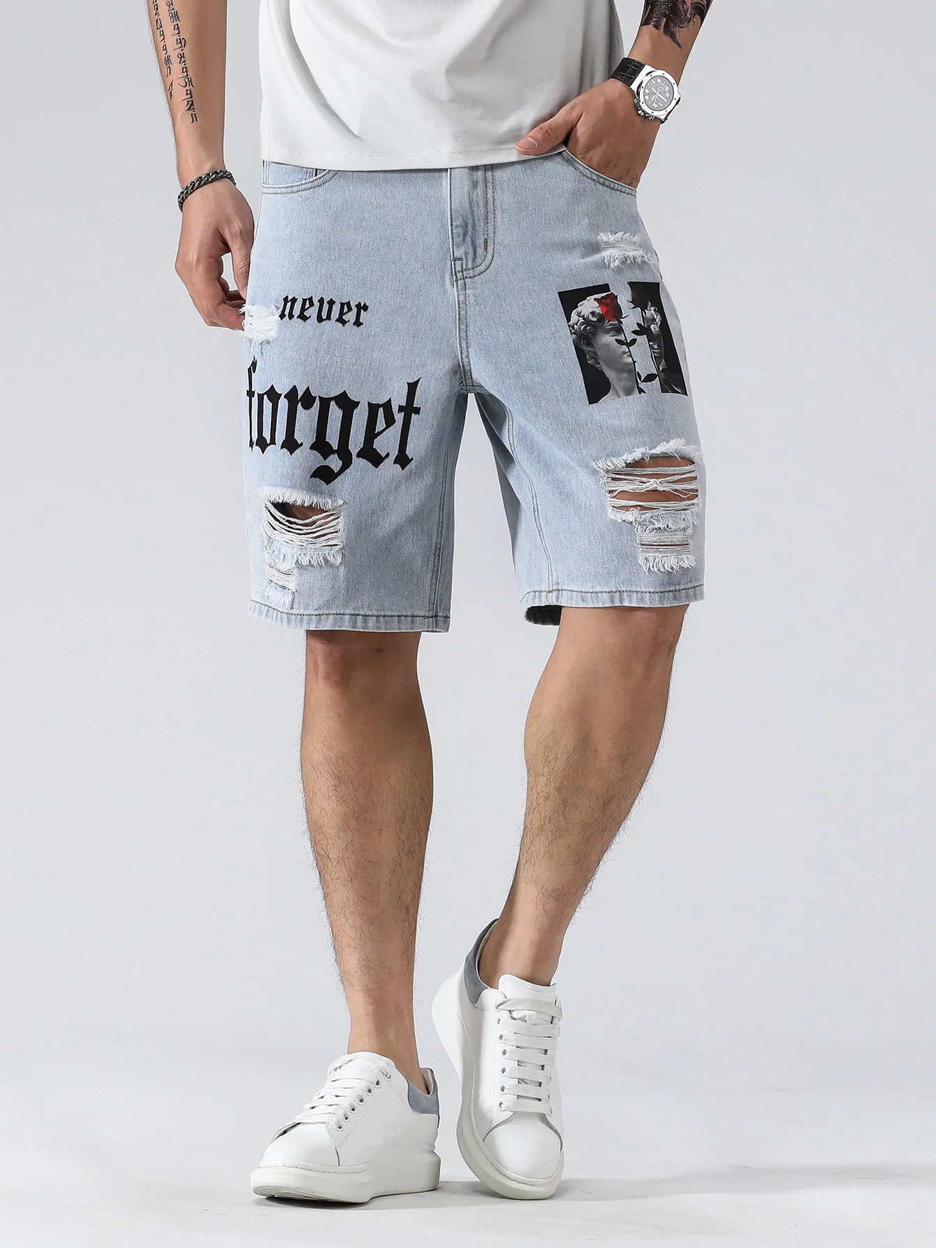 Hole Ripped Slim Men Shorts Casual Jeans Retro Blue Washed Street Knee-length Male Denim Pants