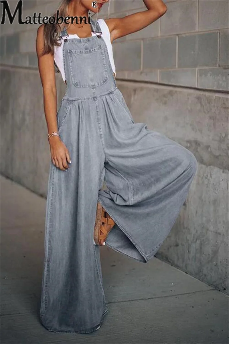Summer New Splicing Pocket Button Backstrap Pants Women's Loose Flared Trousers Jumpsuit Female Street Commuter Wide Leg Rompers