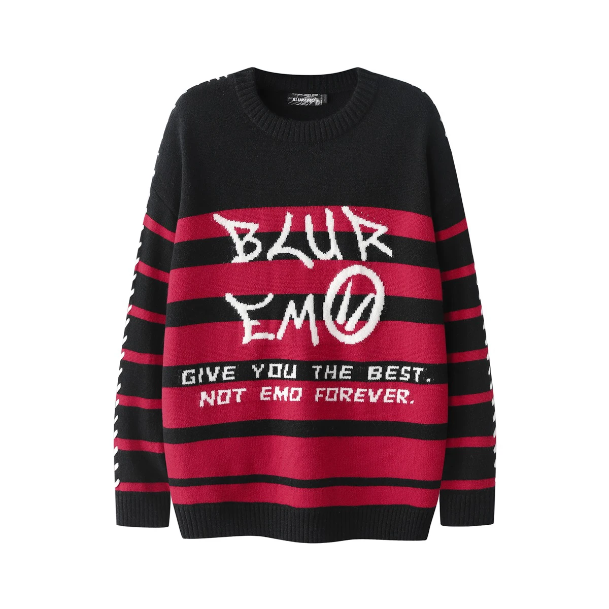 

Harajuku Y2k Red Black Stripe Mens Knitwears Vintage Clothes Gradient Contrast Spliced Knit Letter Oversized Round Neck Sweater