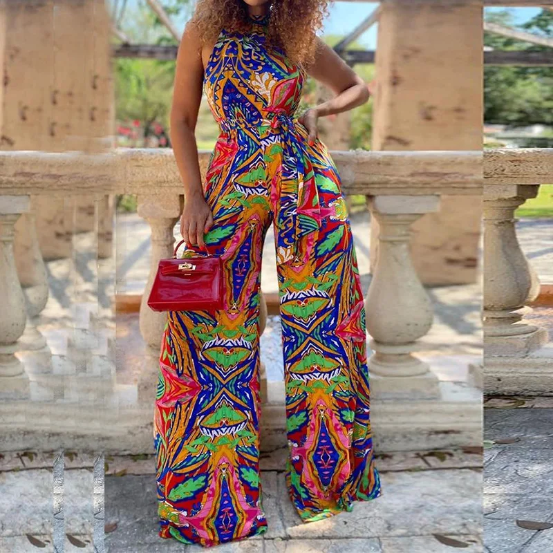 2022 Summer and Autumn  Women's Sleeveless Printing Hang a Neck  Jumpsuits Color Sashes Elegance Sexy Wide Leg Pant Jumpsuits