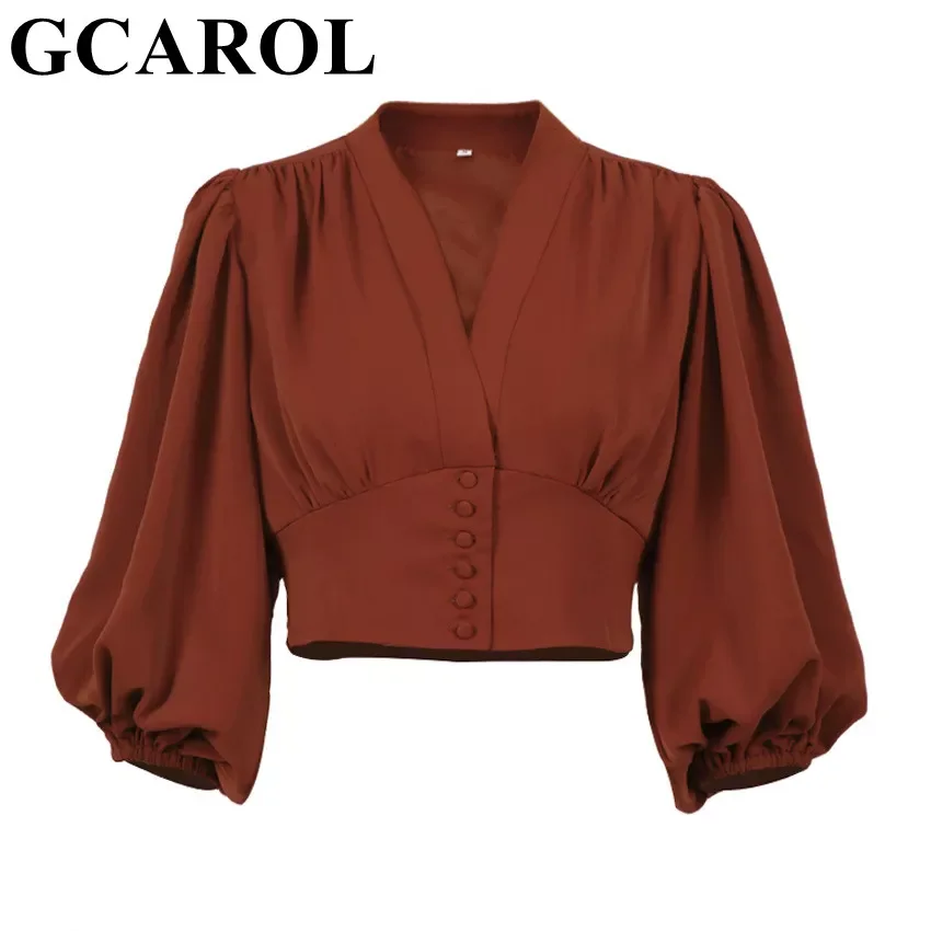 

GCAROL Women Deep V Neck Button Shirt Satin French Style Lantern Sleeve Retro Slim Blouse White Crop Top Match Pant For 4 Season