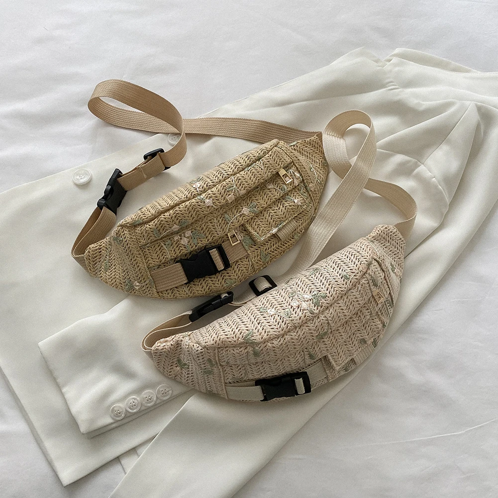 

Fashion Flower Straw Waist Bags for Women Summer Woven Fanny Pack Girls Daily Travel Crossbody Chest Bag Belt Purse Handbags